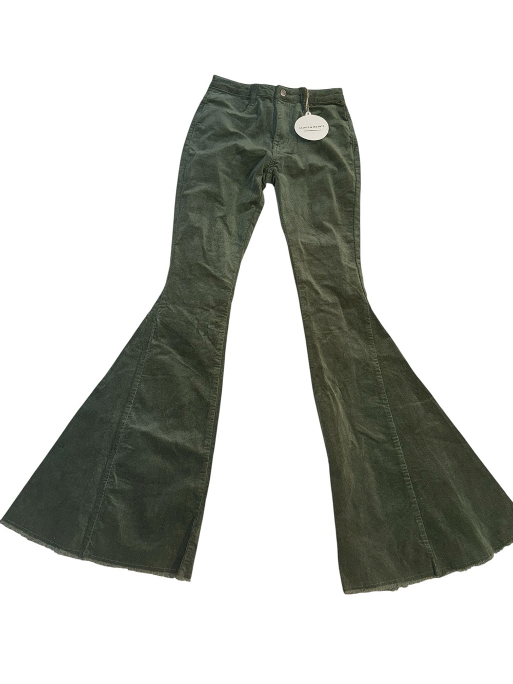 Saints and Hearts stretchy Olive Green Corduroy Flared Bell Bottom Pants SM NWT